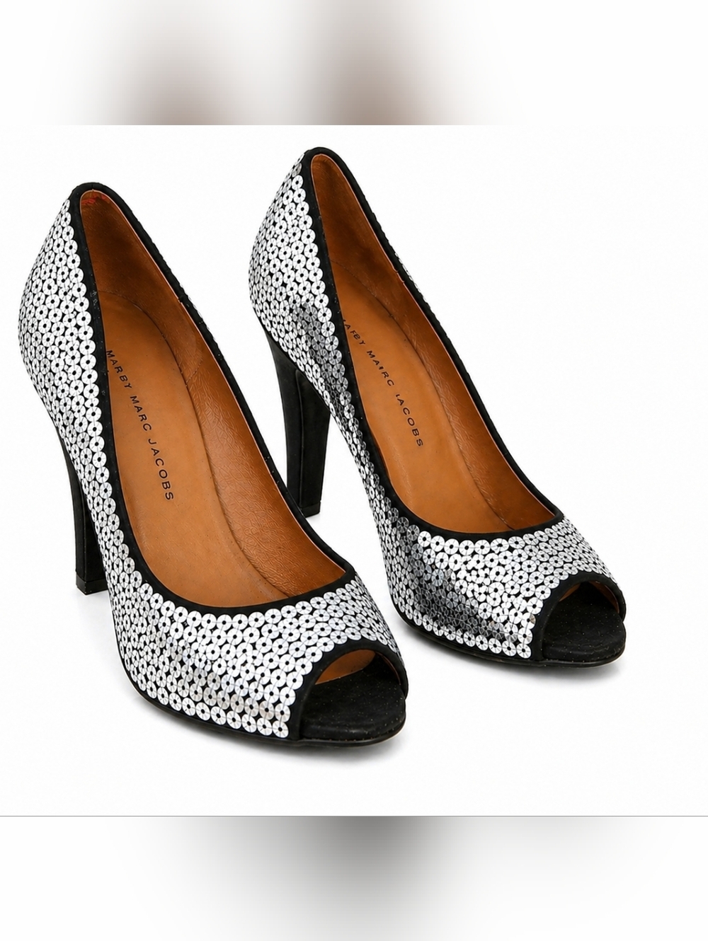 Marc by Marc Jacobs Silver Sequin Peep Toe Heels 37.5 7.5 Italy in Box